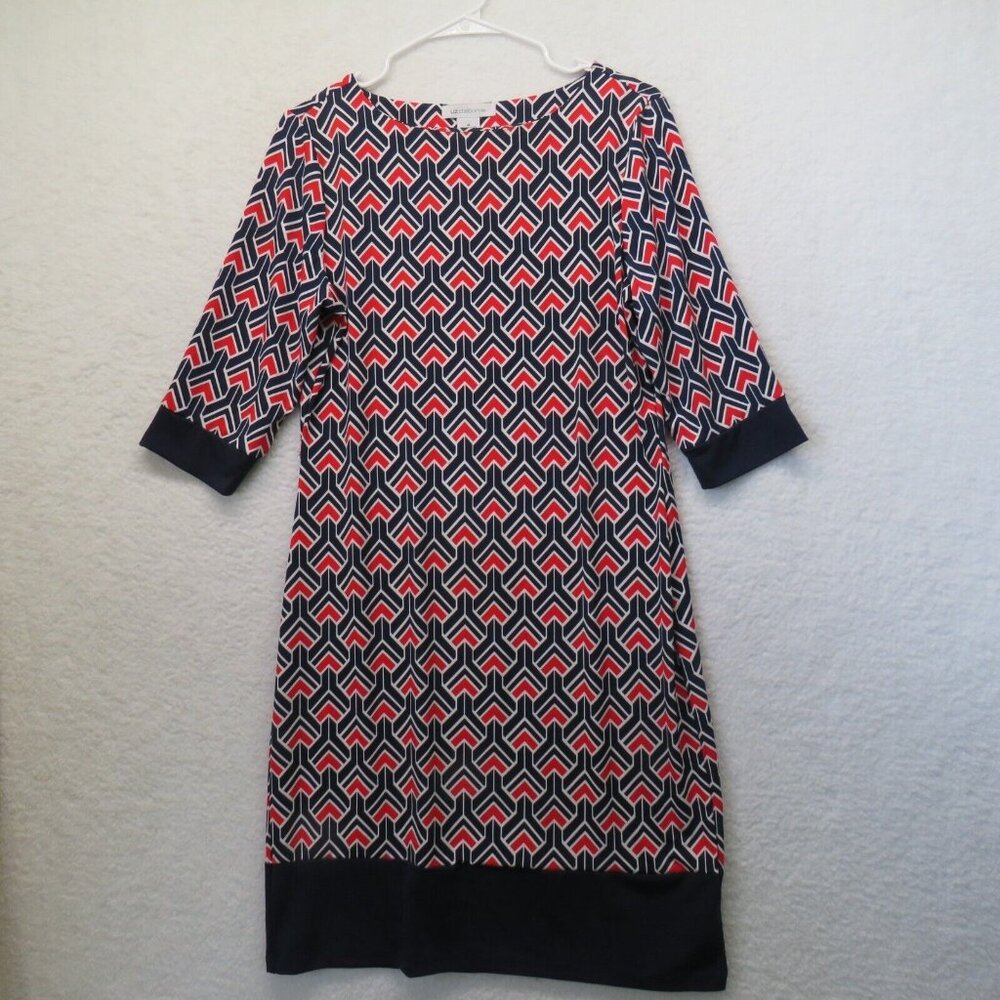 Liz Claiborne Dress Womens Medium Red White Blue Geometric 3/4‎ Sleeve